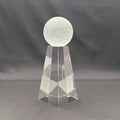 A clear acrylic crystal trophy display stand featuring a faceted geometric base and a frosted white basketball-shaped top.
