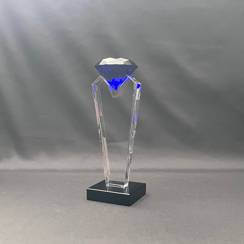 Side view of blue crystal diamond award, sales award 