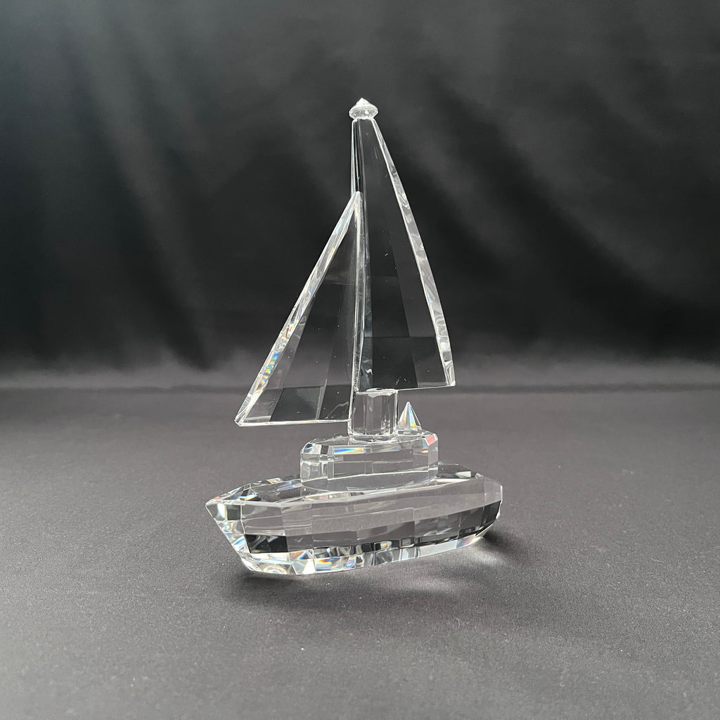 Crystal sailboat figurine. Crystal boat on base, crystal sailboat with engraving
