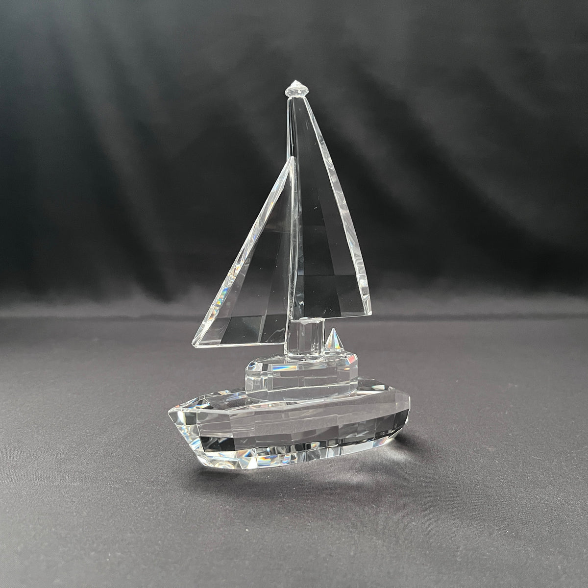 Crystal sailboat figurine. Crystal boat on base, crystal sailboat with engraving