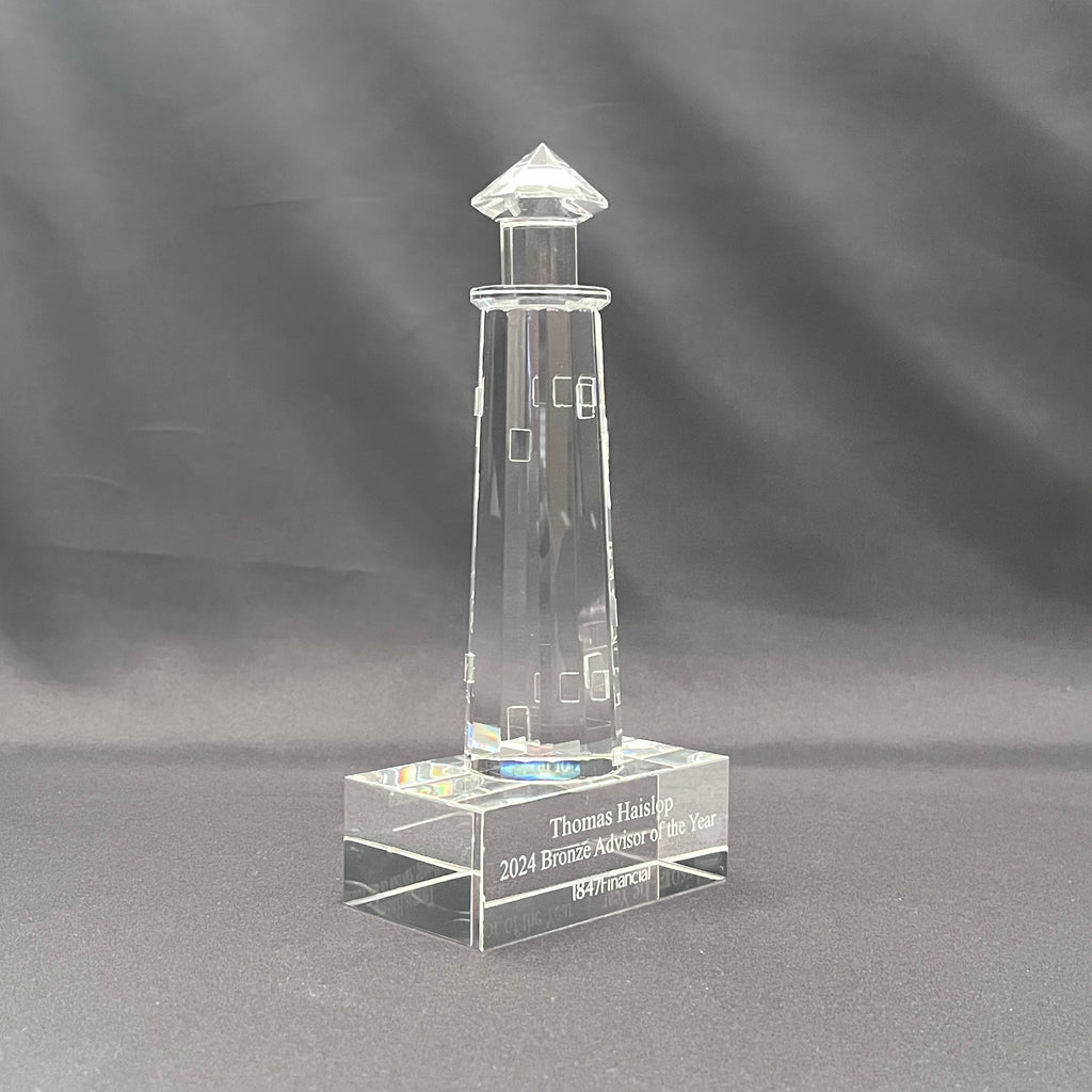 Side view of crystal lighthouse award 