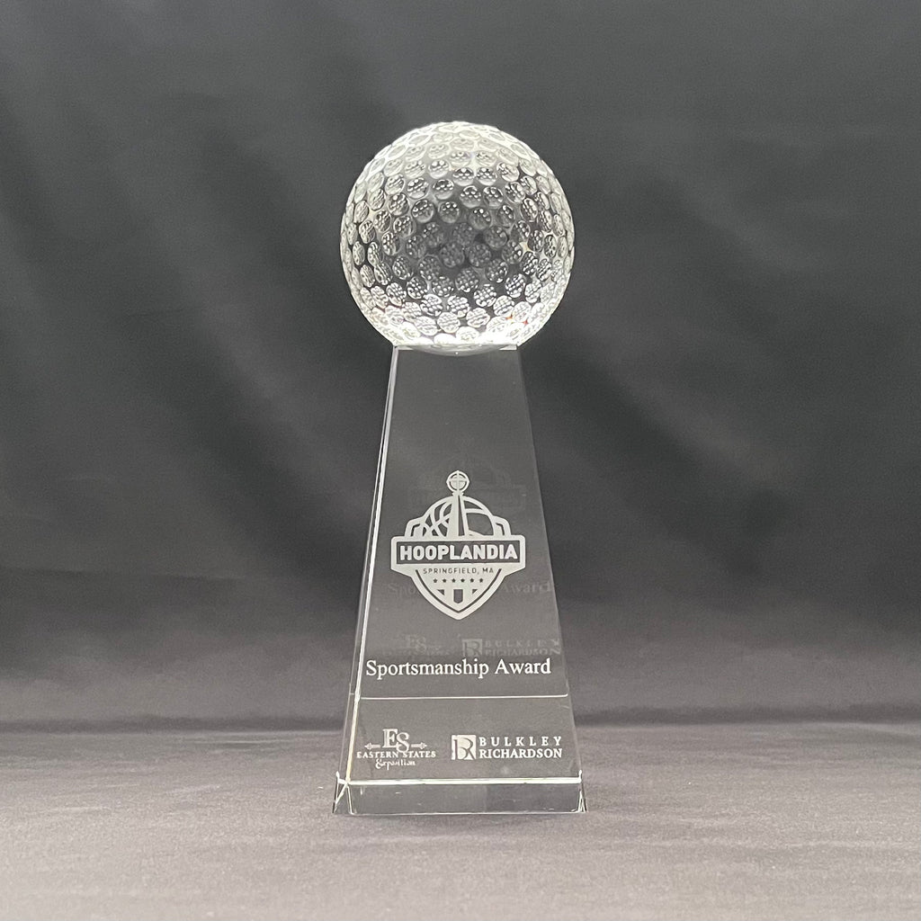 9"H Crystal Golf Tower Award – Crystal Golf Ball with Base – Custom Engraved Sports Recognition Gift
