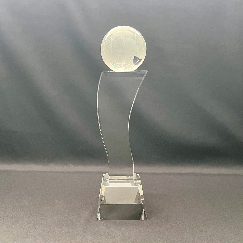 11 1/4" Crystal Globe Tower Award with Globe on Pedestal | Personalized Optical Crystal Recognition Trophy