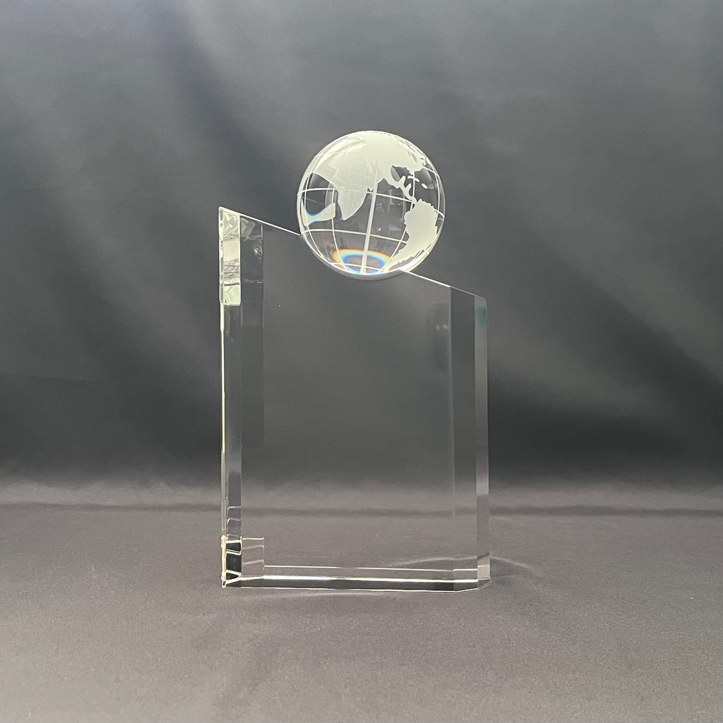 Crystal Globe Tower Award, with Spinnable Globe | Personalized Optical Crystal Recognition Trophy.