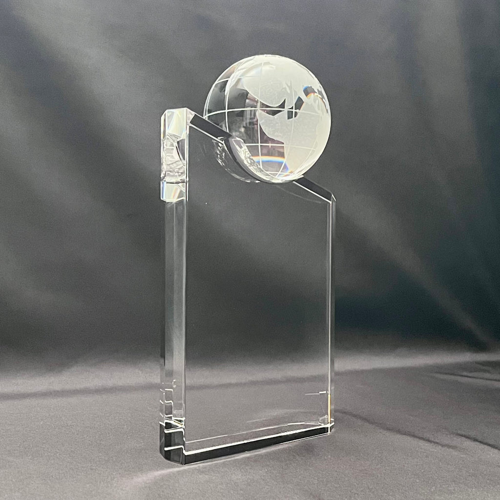 Crystal Globe Tower Award, with Spinnable Globe | Personalized Optical Crystal Recognition Trophy.