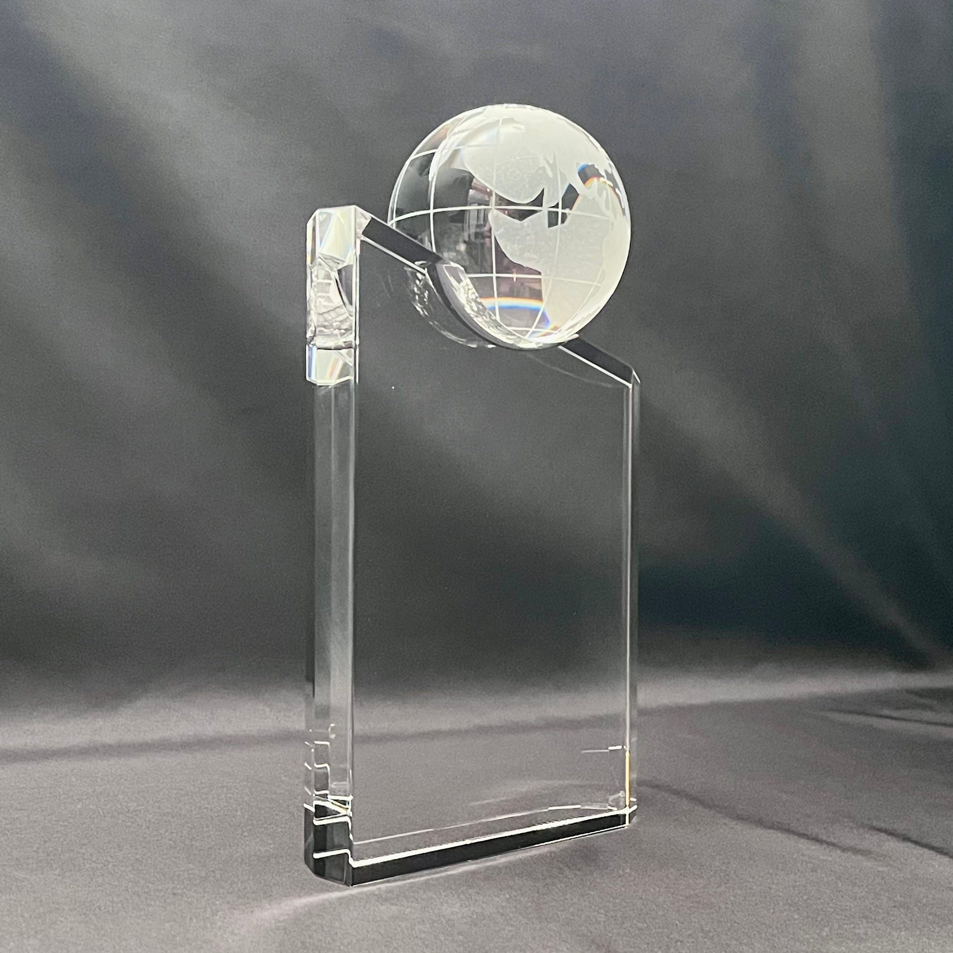Crystal Globe Tower Award, with Spinnable Globe | Personalized Optical Crystal Recognition Trophy.