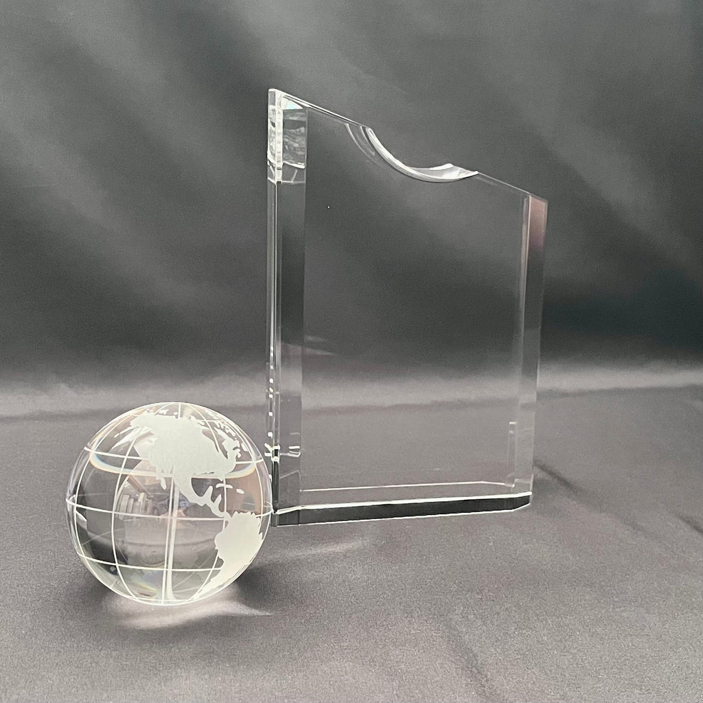 Crystal Globe Tower Award, with Spinnable Globe | Personalized Optical Crystal Recognition Trophy.