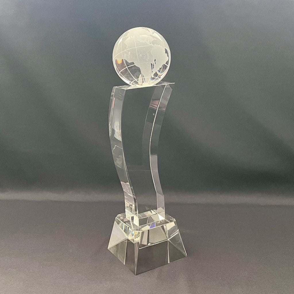 11 1/4" Crystal Globe Tower Award with Globe on Pedestal | Personalized Optical Crystal Recognition Trophy