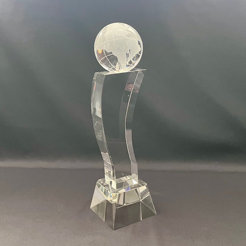 11 1/4" Crystal Globe Tower Award with Globe on Pedestal | Personalized Optical Crystal Recognition Trophy