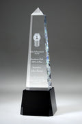 Crystal obelisk award with black base, ideal for display on shelf or desk. 3 sizes.