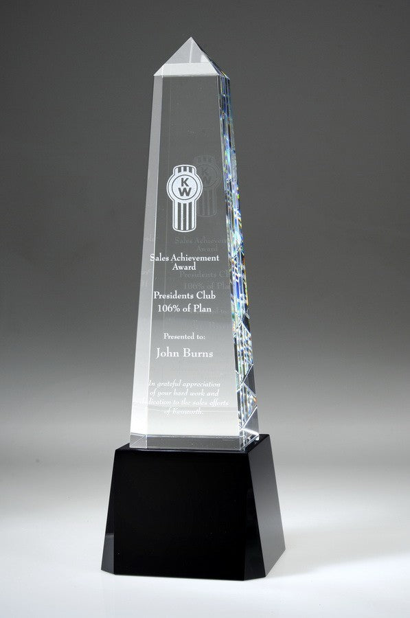 Crystal obelisk award with black base, ideal for display on shelf or desk. 3 sizes.