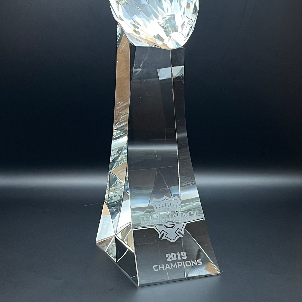 Crystal trophy with '2019 Champions' inscription on a dark background
