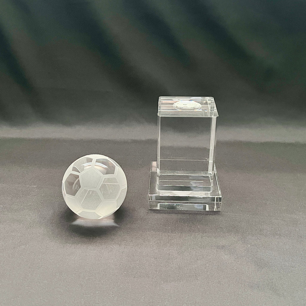 Pre-etched soccer ball on crystal base 